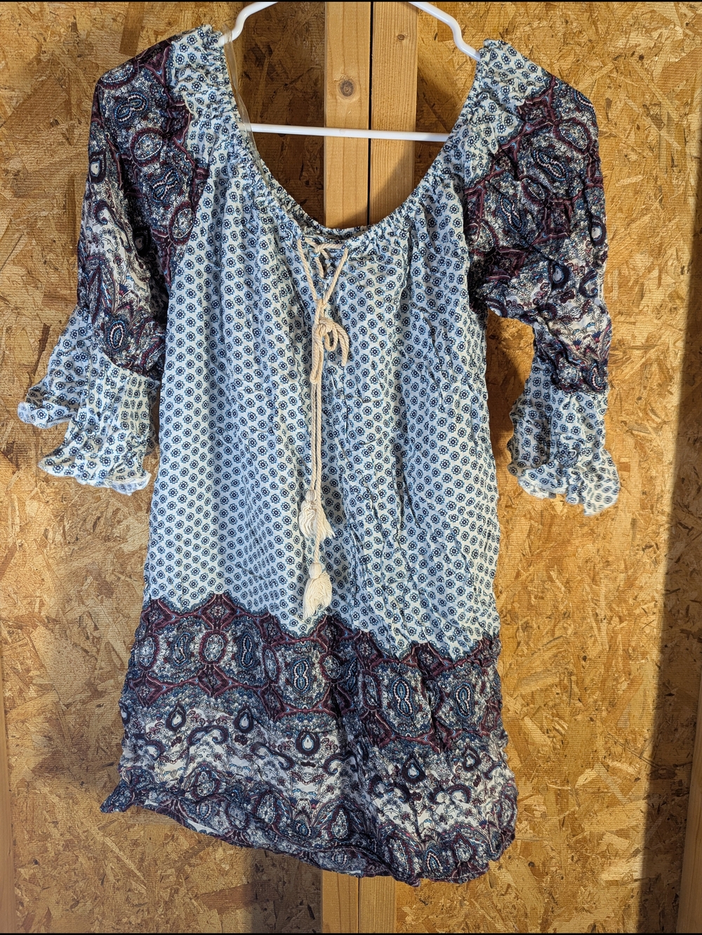Umgee Blue White Patterned Peasant Blouse with Tassel Tie